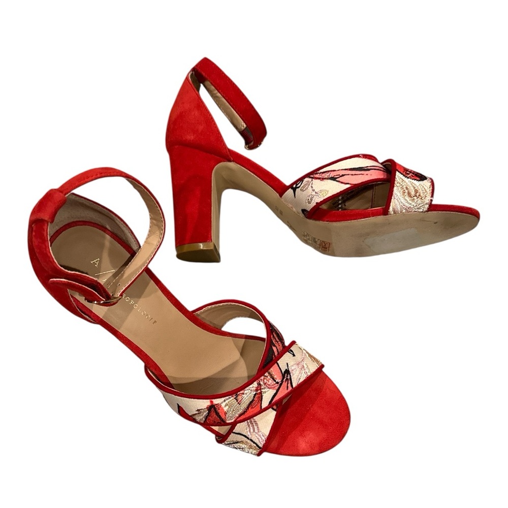 Anthropologie Impressionist Red Suede Print Ankle Strap Heeled Sandals 9